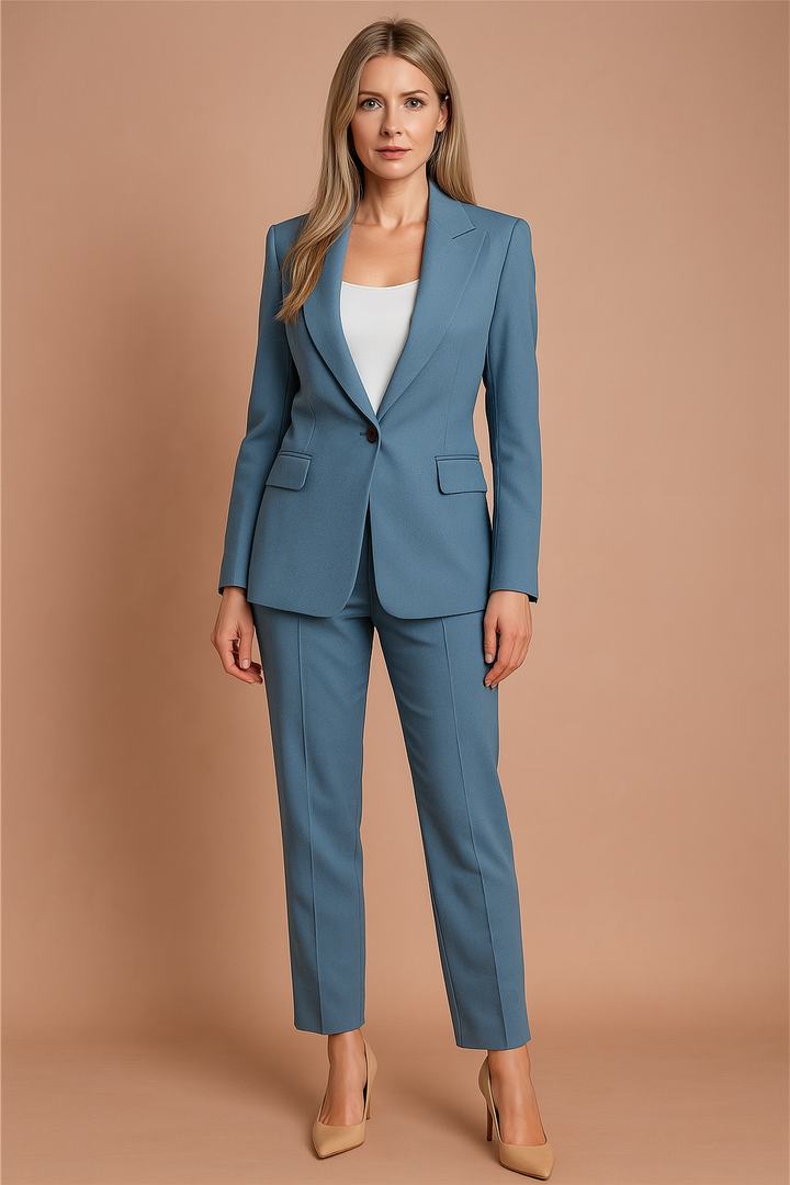 Model wearing a versatile women's blazer set, showcasing its elegant and professional style.