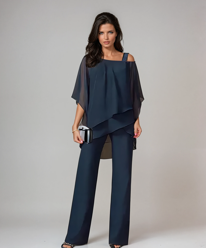 Elegant women's two-piece layered set, flowy & comfortable, perfect for spring/summer occasion wear or casual chic.