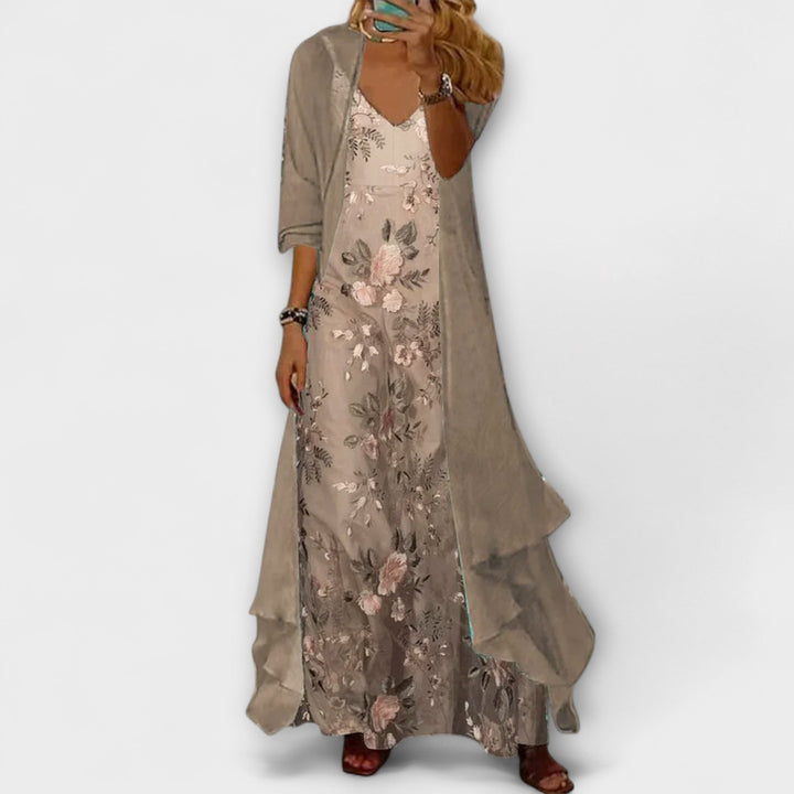 Women's elegant two-piece maxi dress set, a versatile coordinated outfit ideal for summer fashion.