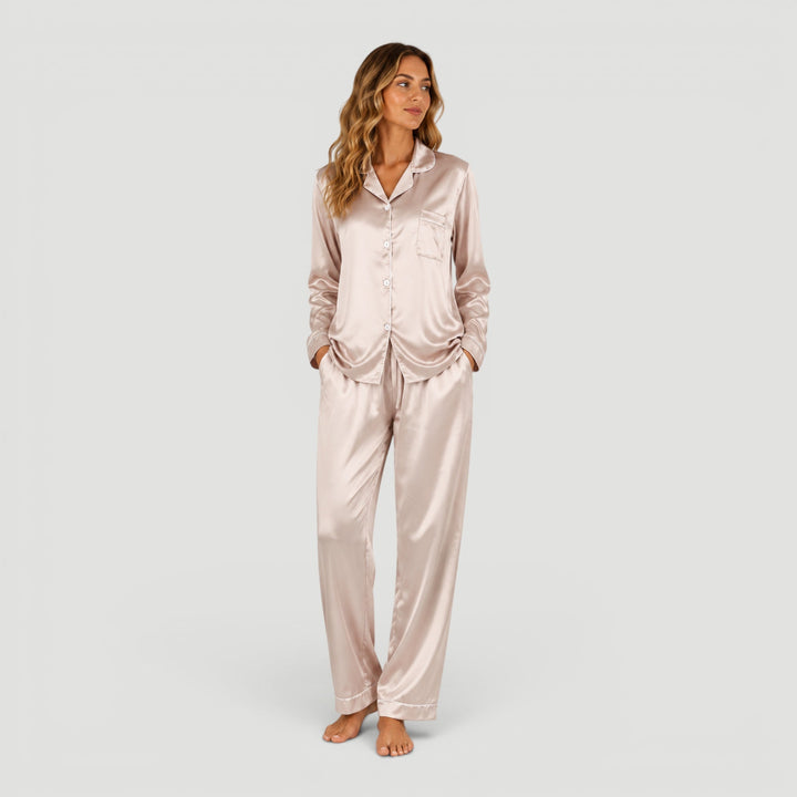 Women's elegant two-piece pajama lounge set in soft fabric for ultimate comfort and stylish sleepwear.