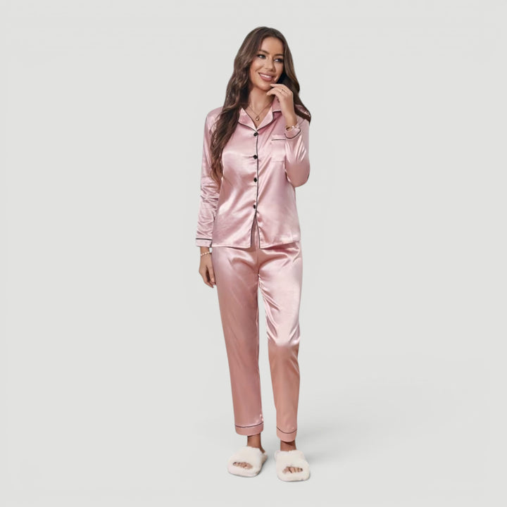 Stylish women's two-piece lounge set with elegant design, suitable for sleep or casual wear.