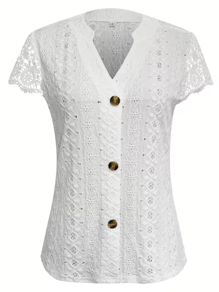 Elegant women's summer V-neck shirt. Detailed with delicate lace and functional buttons, perfect for daily wear.