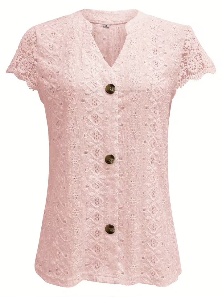 Casual elegant women's V-neck summer shirt with button front & lace accents. Lightweight & comfortable daily top.