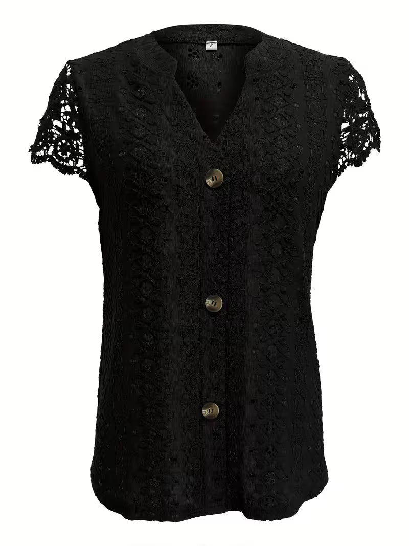 Stylish women's summer V-neck shirt. Features a button-down front & subtle lace. Perfect elegant casual top.