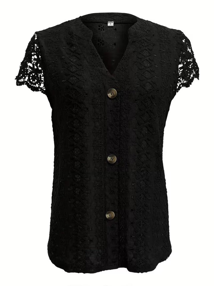 Stylish women's summer V-neck shirt. Features a button-down front & subtle lace. Perfect elegant casual top.