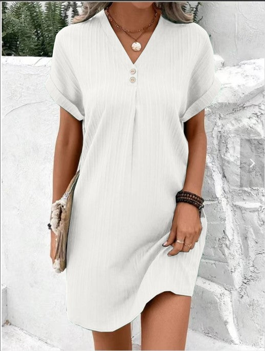Women's Elegant V-Neck Button Summer Dress - Lightweight & Breathable