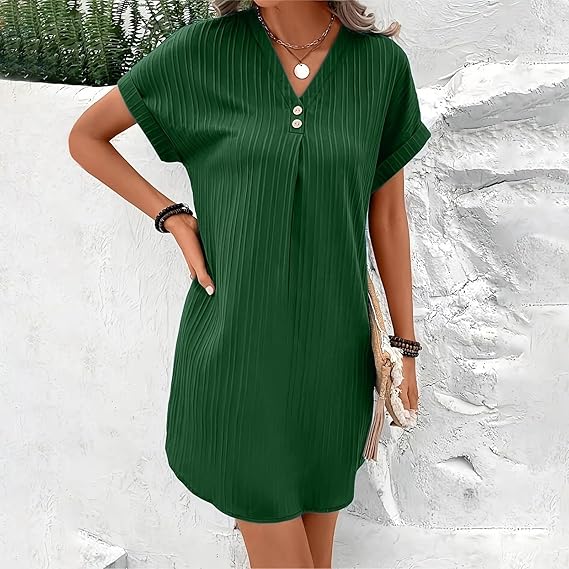 Women's Elegant V-Neck Button Summer Dress - Lightweight & Breathable