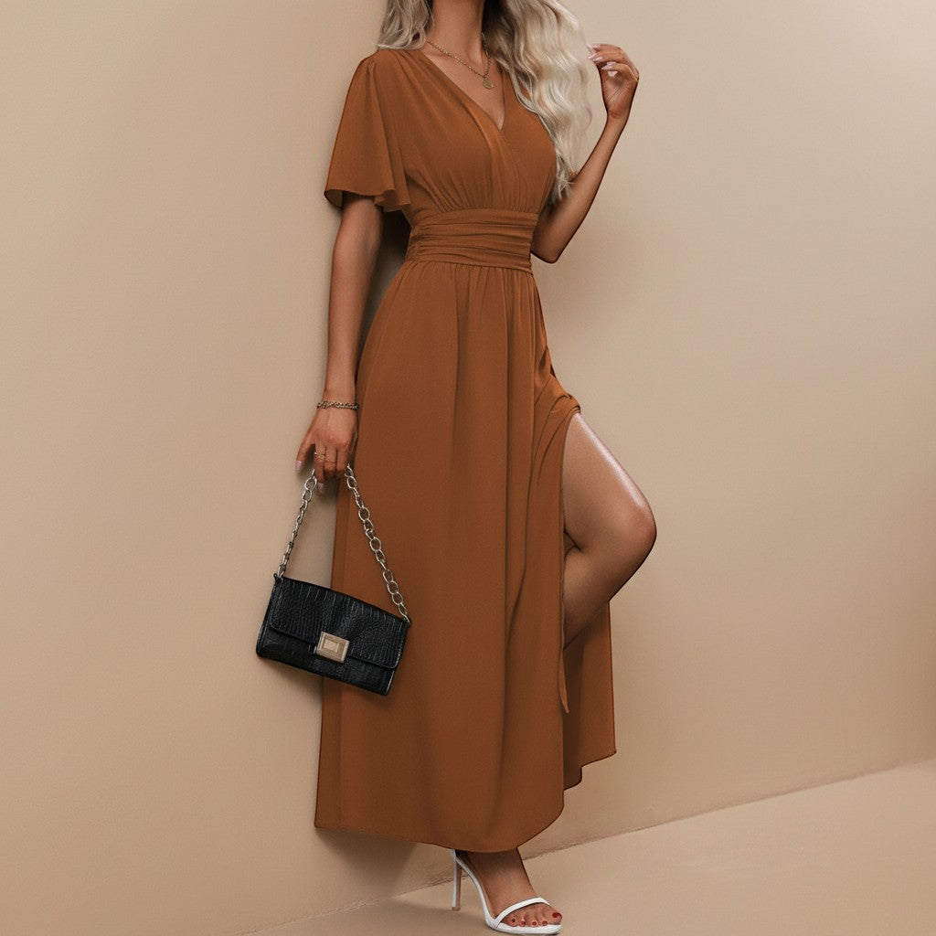 Comfortable yet elegant V-neck flutter sleeve maxi dress, perfect for formal and special occasion wear.