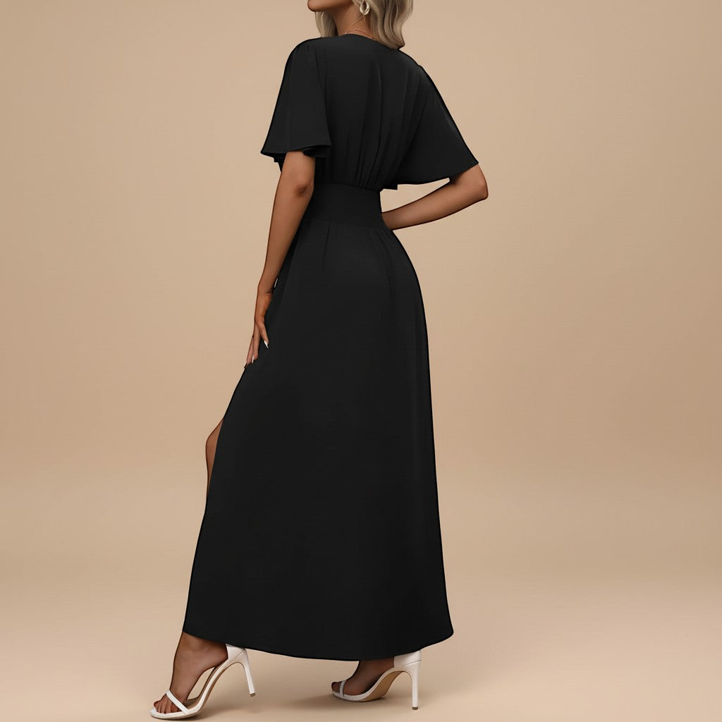 Chic V-neck flutter sleeve maxi dress, perfect for sophisticated party or special occasion wear.