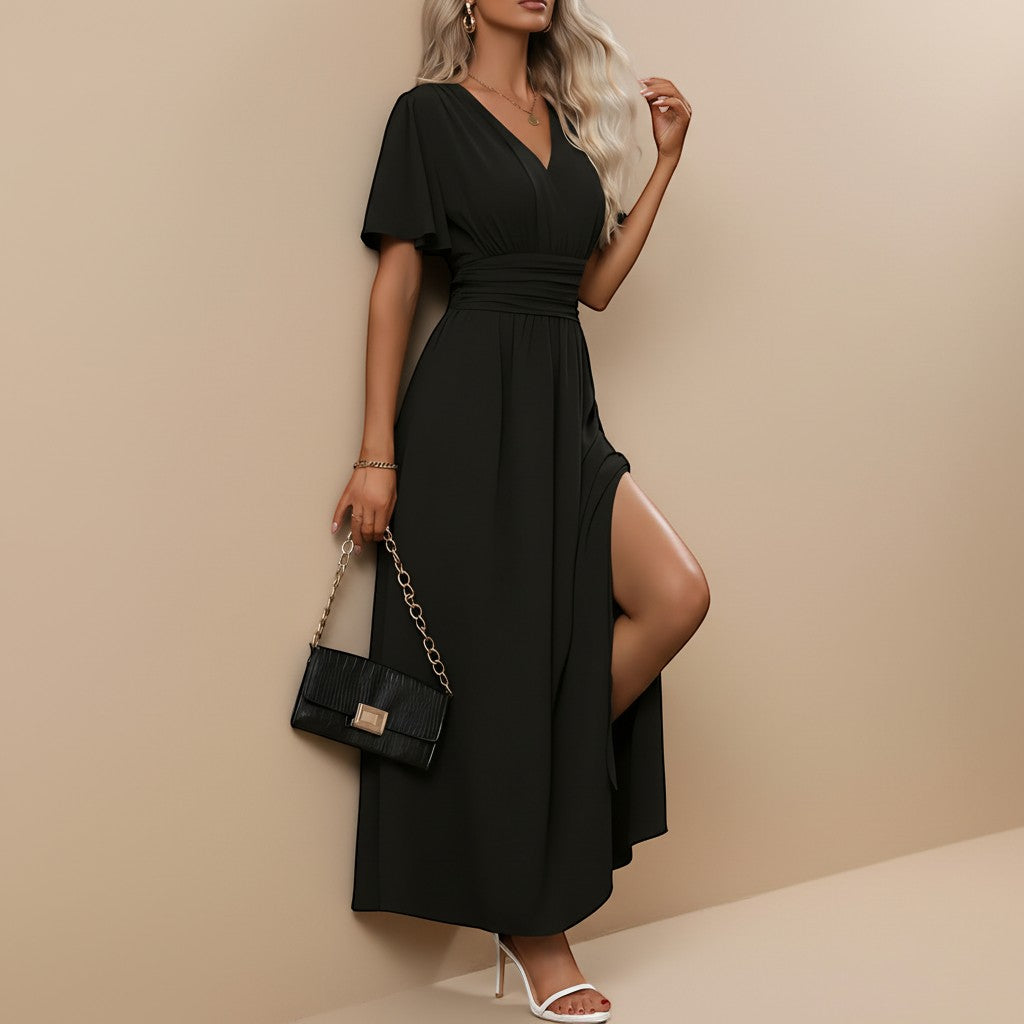 Flattering elegant V-neck maxi dress with flutter sleeves, ideal for formal parties & evening events.
