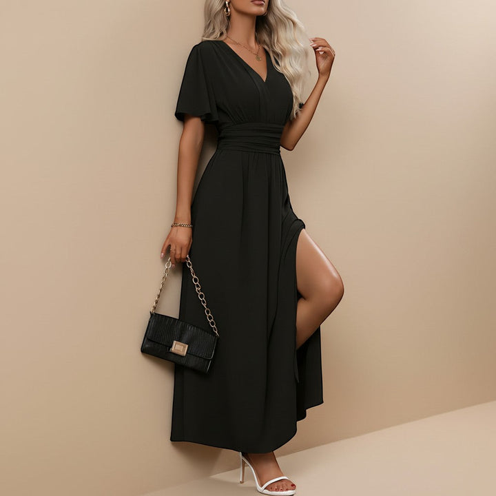 Flattering elegant V-neck maxi dress with flutter sleeves, ideal for formal parties & evening events.