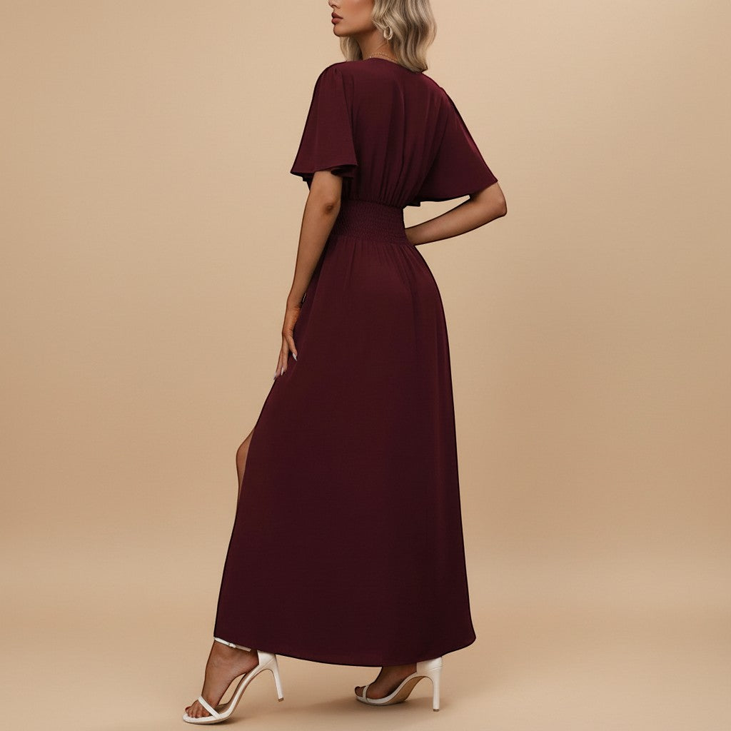Stunning V-neck flutter sleeve maxi dress, a flattering choice for any special occasion or formal event.