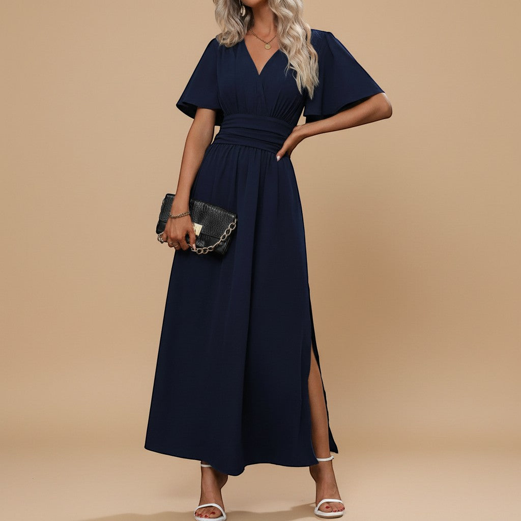 Sophisticated V-neck maxi dress with flowy flutter sleeves, an elegant choice for women's formal events.