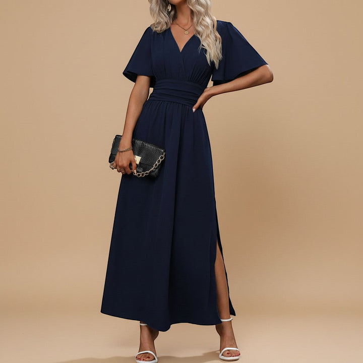 Sophisticated V-neck maxi dress with flowy flutter sleeves, an elegant choice for women's formal events.