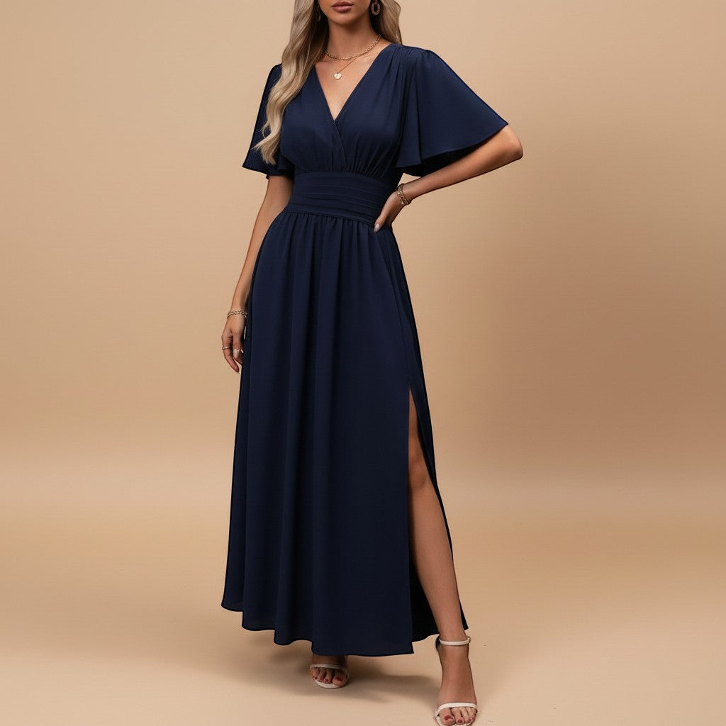 Elegant V-neck flutter sleeve maxi dress, ideal for wedding guests, formal parties & special occasions.