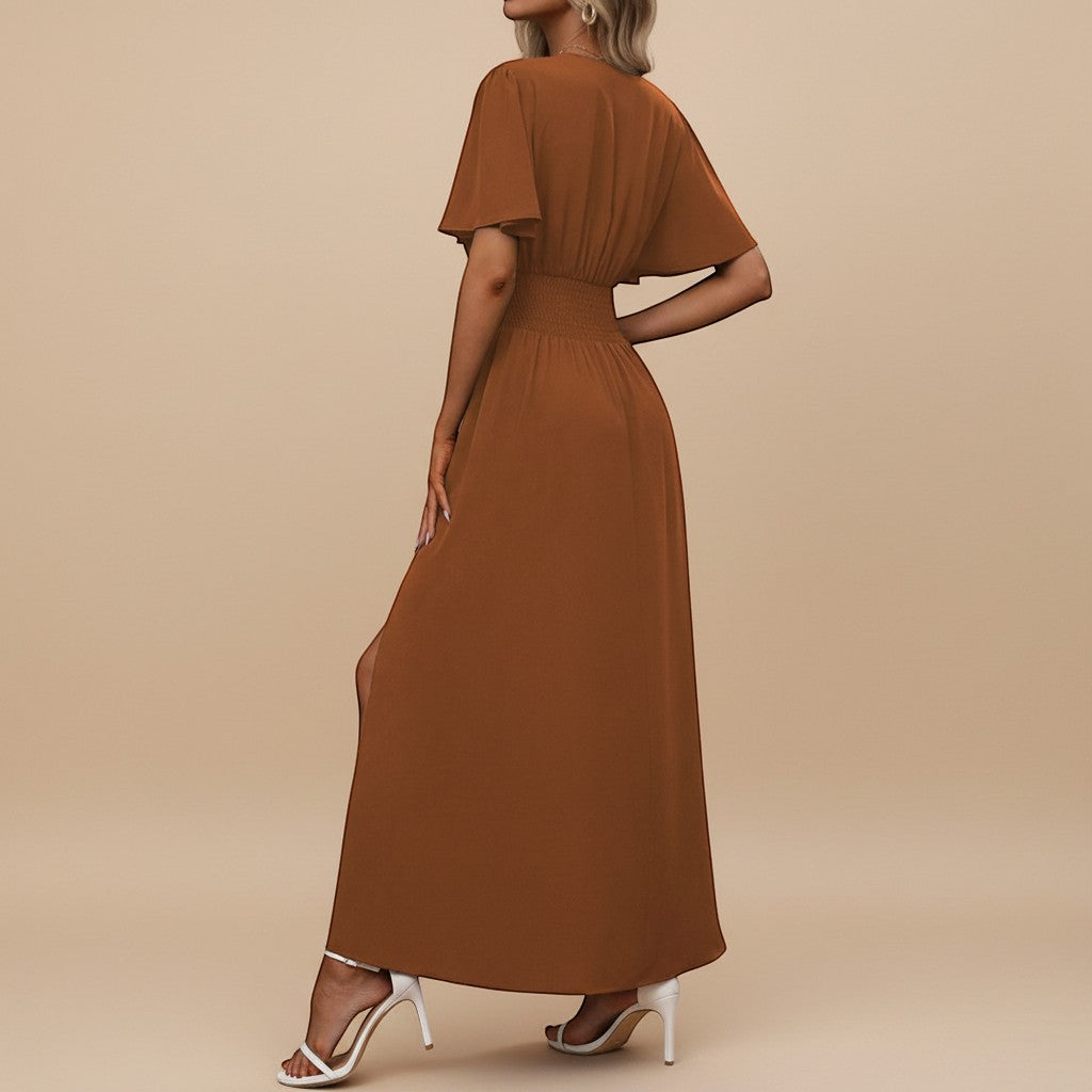 Chic women's V-neck maxi dress with flutter sleeves, perfect for evening parties, proms & elegant events.