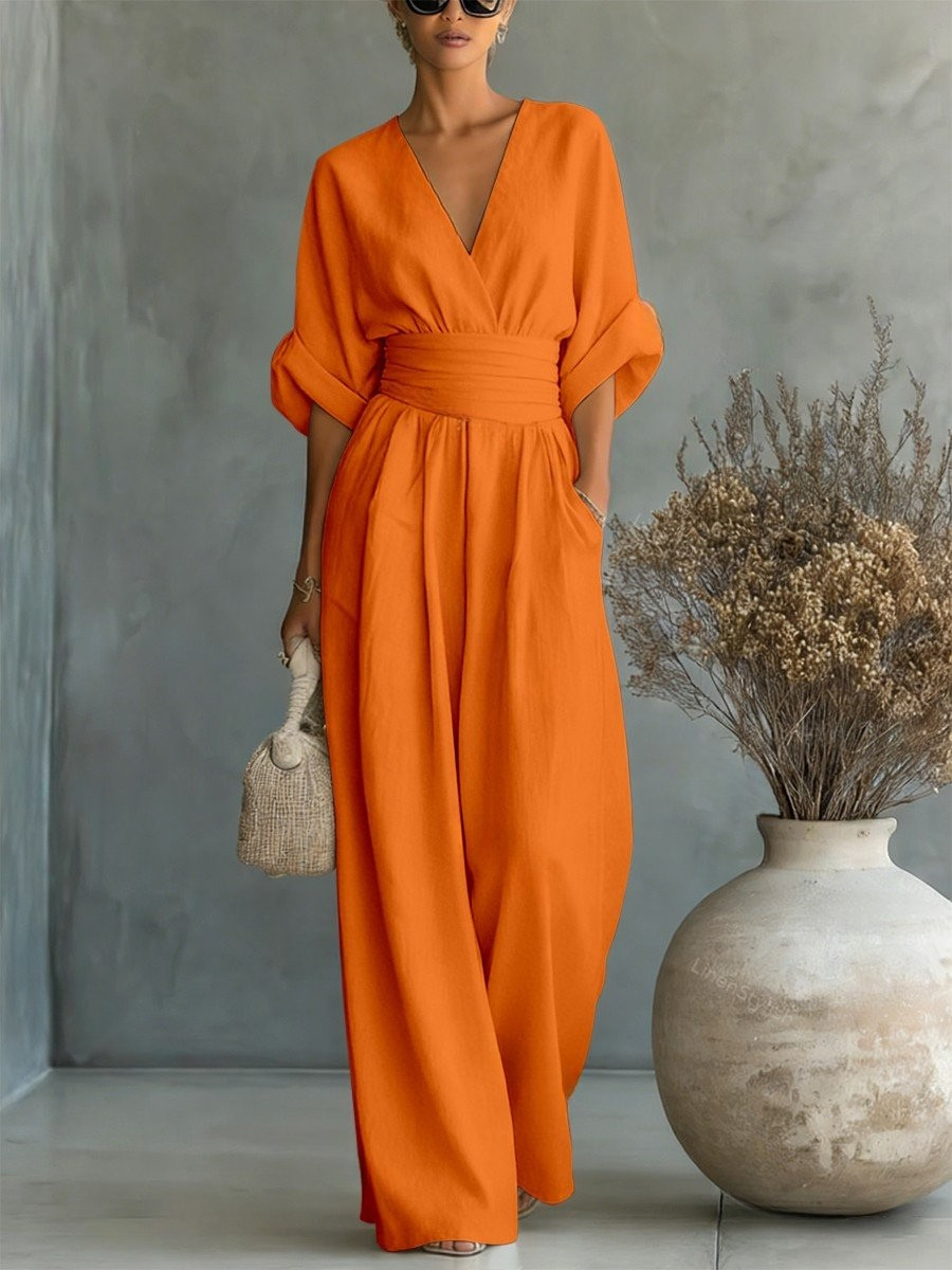 Elegant women's V-neck jumpsuit: versatile, flattering, one-piece, workwear, evening wear, smart casual, all-day comfort.