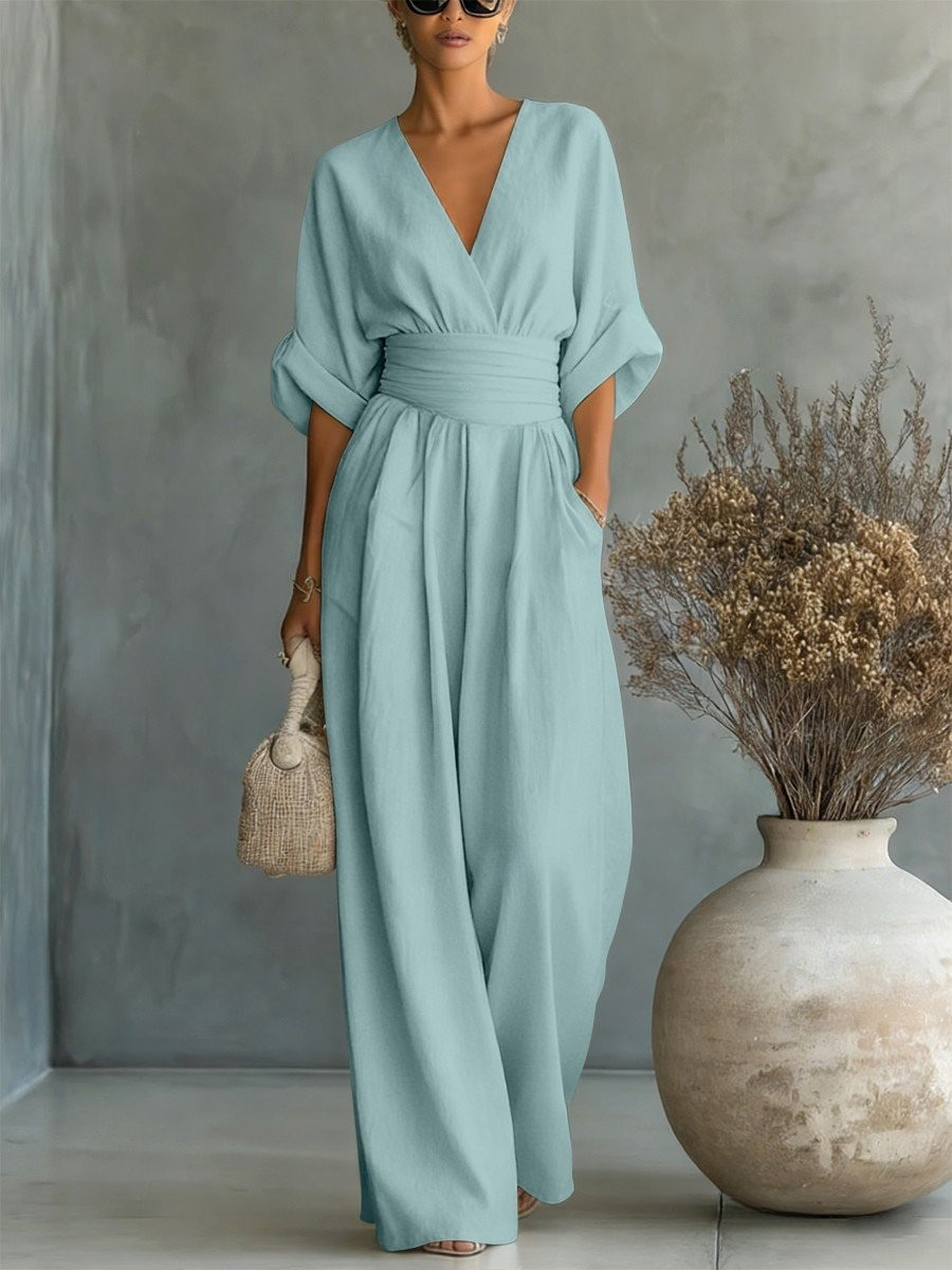 Flattering women's V-neck jumpsuit designed for all-day comfort and elegant style from day to evening.