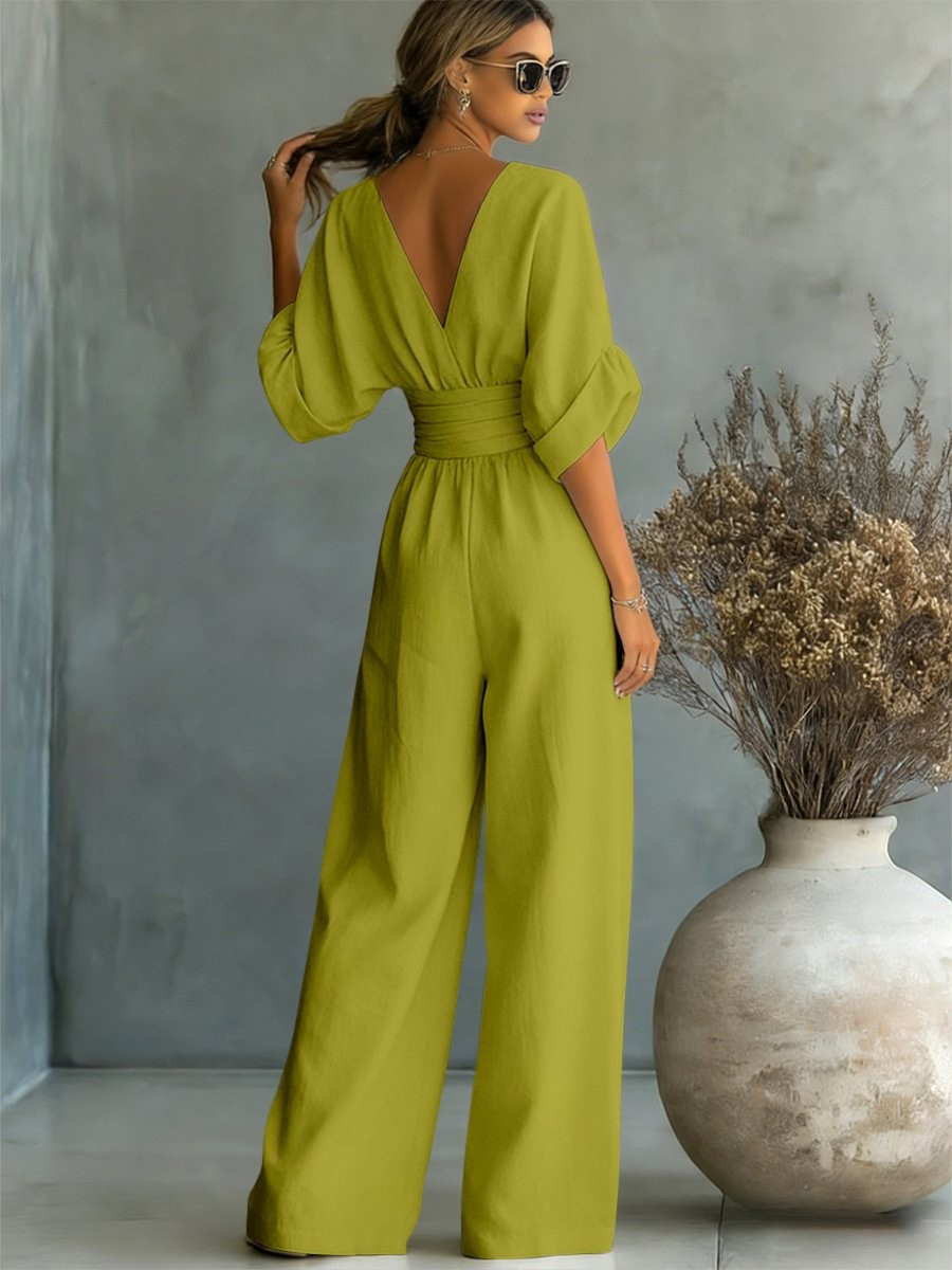 Smooth fabric women's elegant V-neck jumpsuit. Flattering and versatile for all occasions.