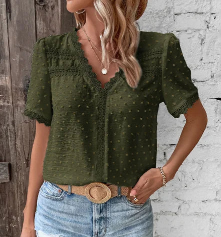 Chic women's short sleeve V-neck top with delicate lace and Swiss dots, ideal for office or summer casual looks.