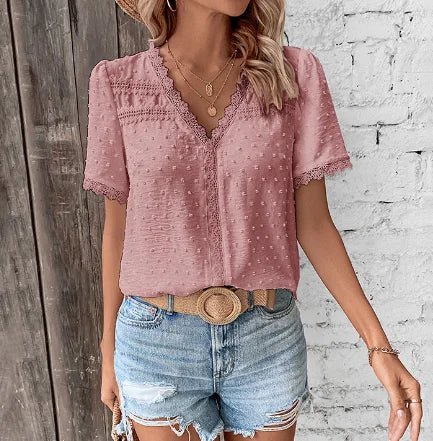 Versatile women's elegant V-neck blouse, combining lace and Swiss dot texture for a stylish spring/summer top.