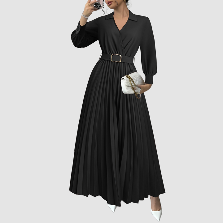 Women's elegant V-neck long sleeve midi dress with a flowing pleated skirt and chic belt.