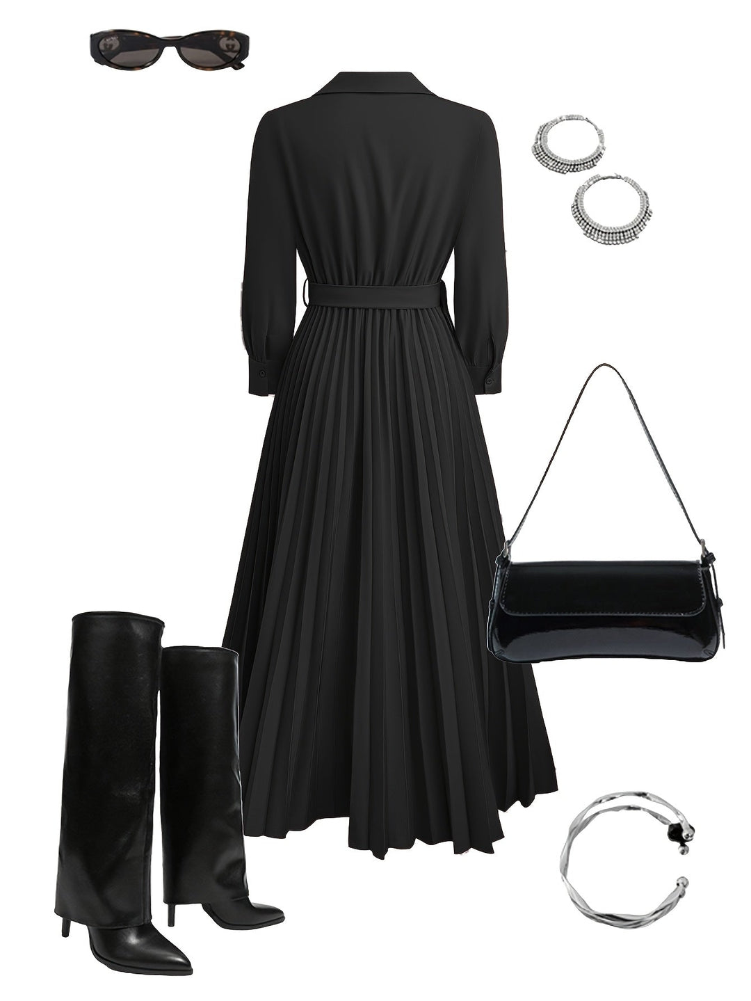 Everyday elegance women's pleated midi dress, V-neck, long sleeve, and belted for sophisticated style.
