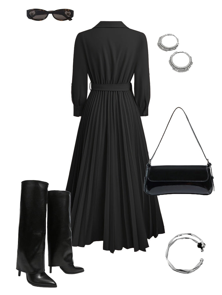 Everyday elegance women's pleated midi dress, V-neck, long sleeve, and belted for sophisticated style.