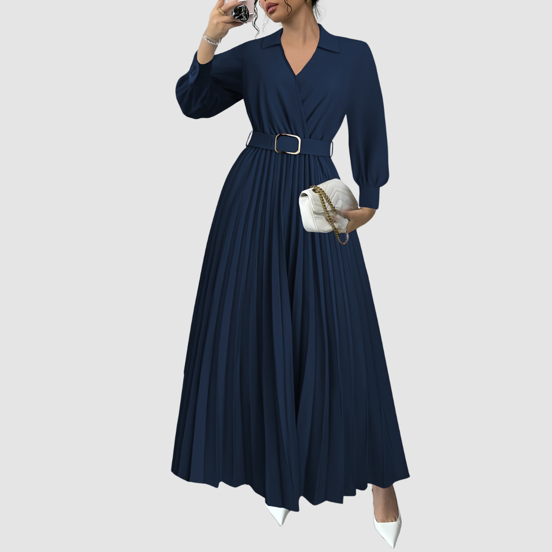 Sophisticated women's pleated midi dress, V-neck, long sleeves, and a stylish belted waist.