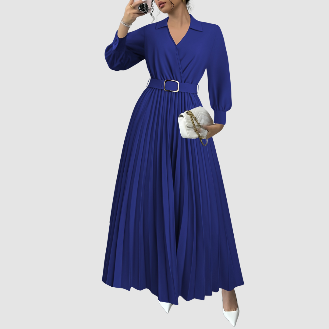 Versatile women's everyday elegance dress with a belted waist, pleated skirt, V-neck, long sleeves.