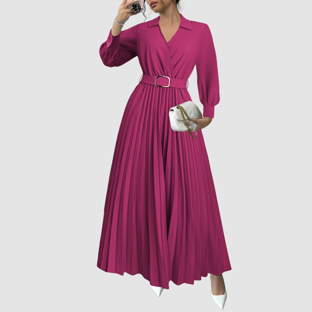 Stylish women's long sleeve V-neck midi dress featuring a beautiful pleated skirt and belt.