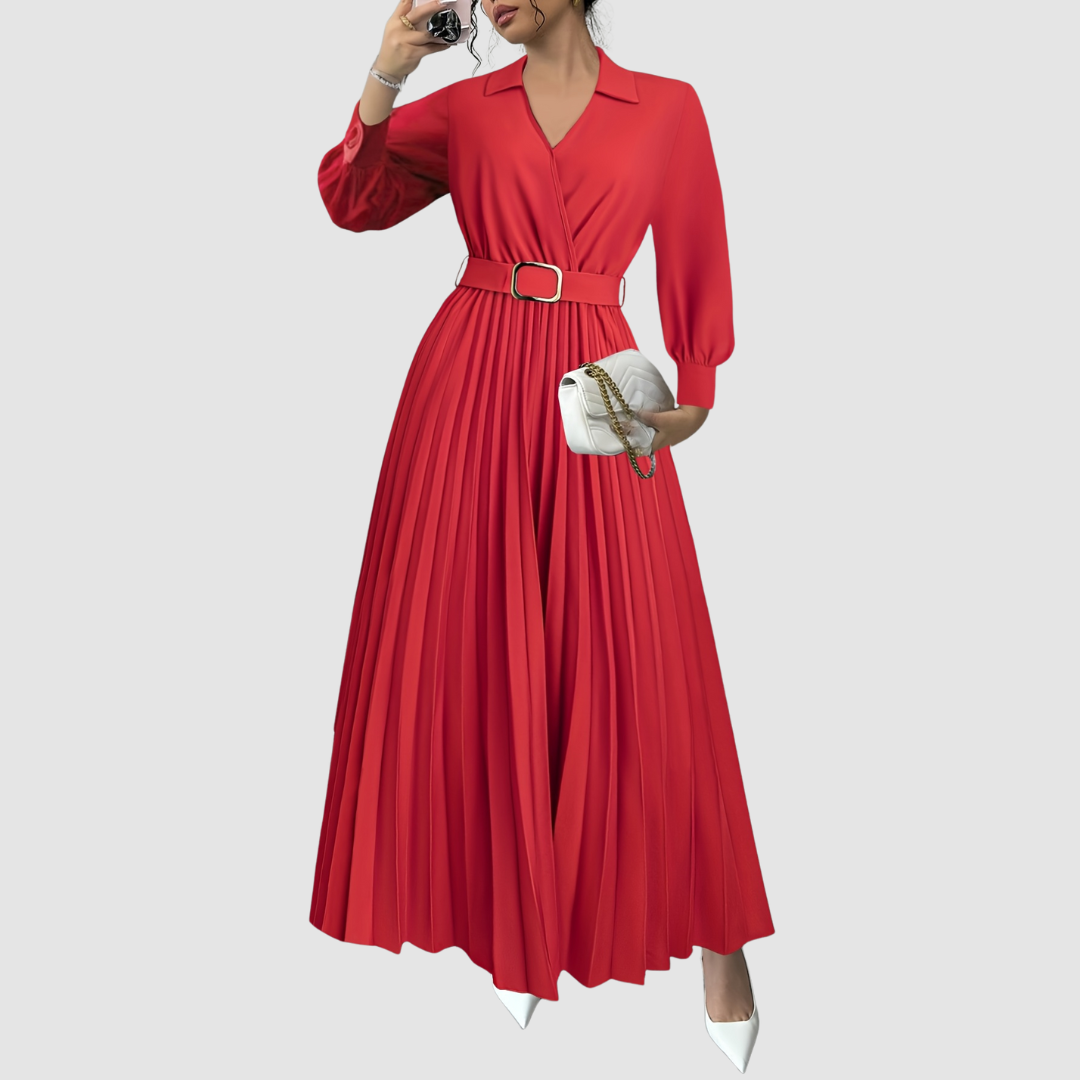 Chic women's belted pleated dress, V-neck, long sleeves, perfect for elegant everyday wear.