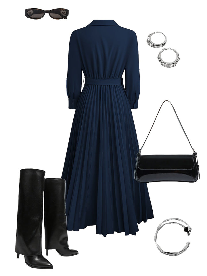 Women's sophisticated long sleeve midi dress with elegant V-neckline & flowing pleated skirt.