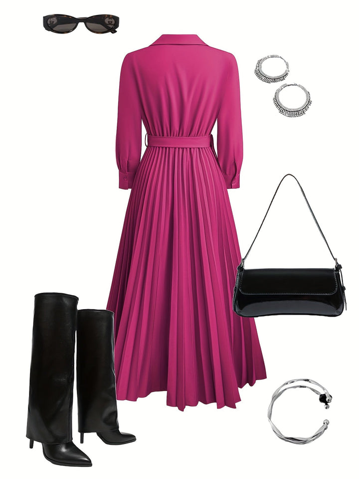 Classic women's V-neck long sleeve pleated midi dress, belted for a flattering silhouette.