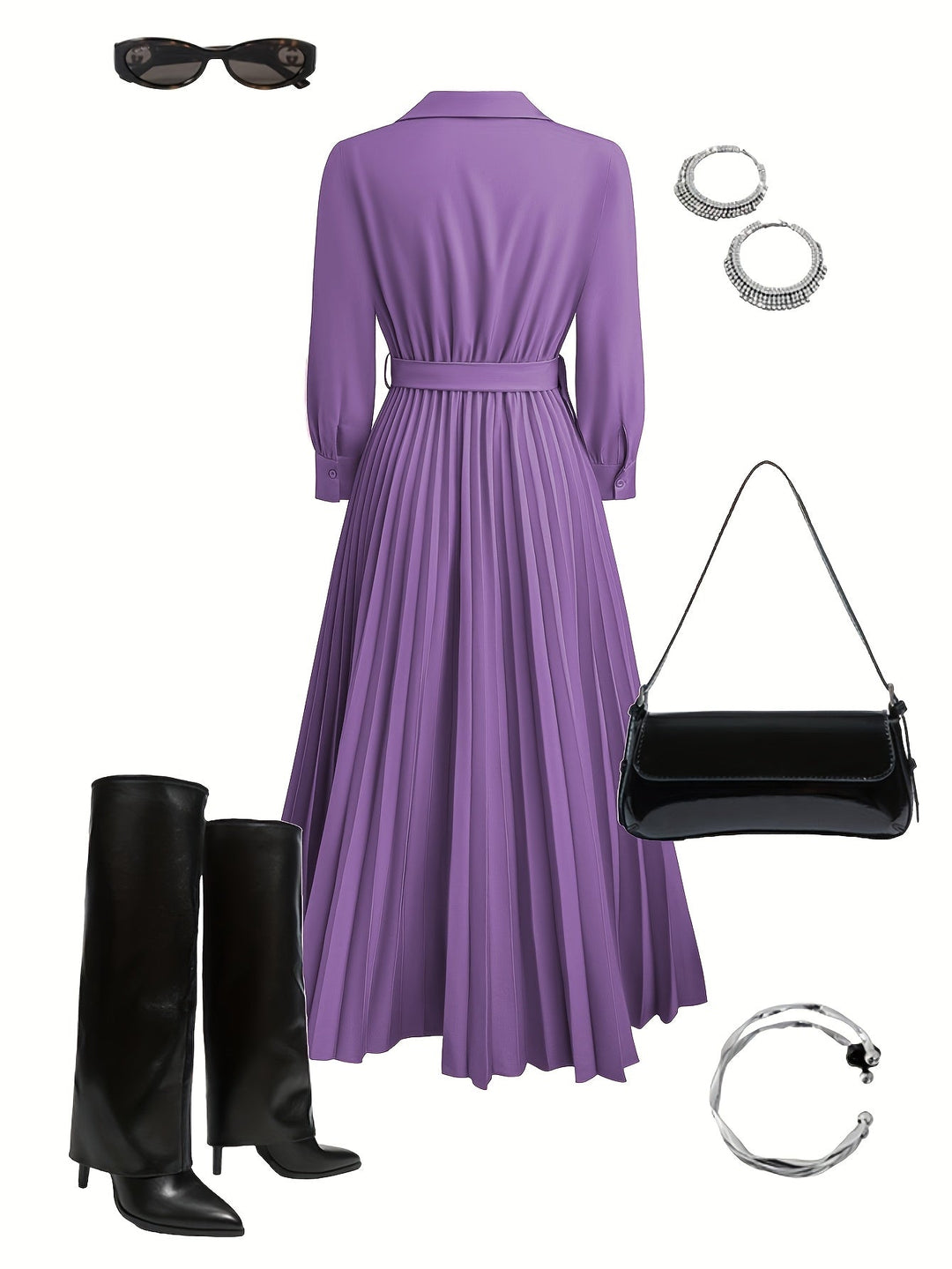 Women's elegant V-neck long sleeve midi dress with a refined pleated skirt and coordinating belt.