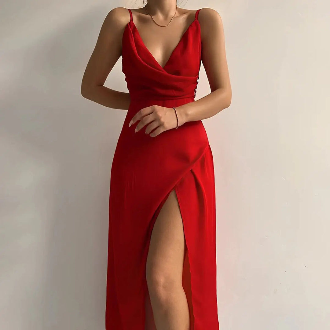 Sleek spaghetti strap V-neck maxi dress with high thigh slit, ideal for evening wear & date nights.