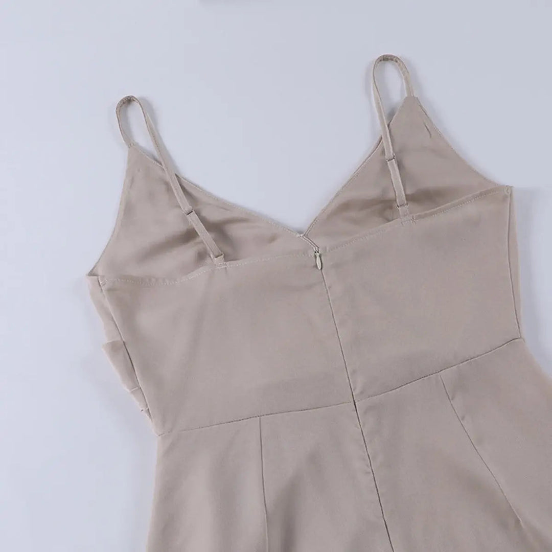 Front view: Women's V-neck spaghetti strap maxi dress featuring a high thigh slit, perfect for formals.