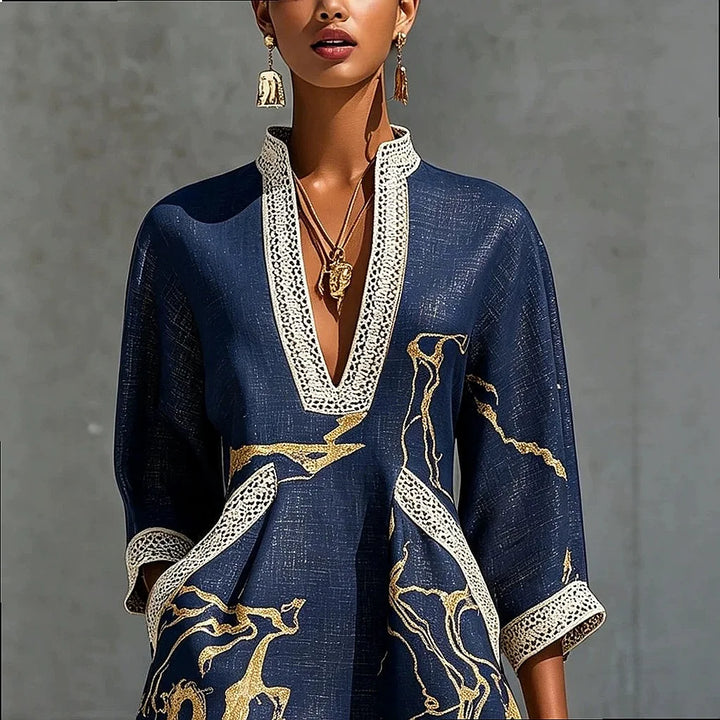 Chic women's V-neck mini dress with delicate trim, offering comfort and elegance for any event.