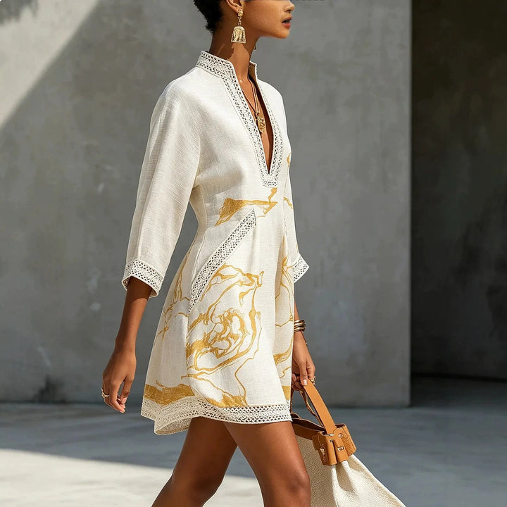 Versatile women's mini dress with V-neck, suitable for elegant evening wear or casual summer days.