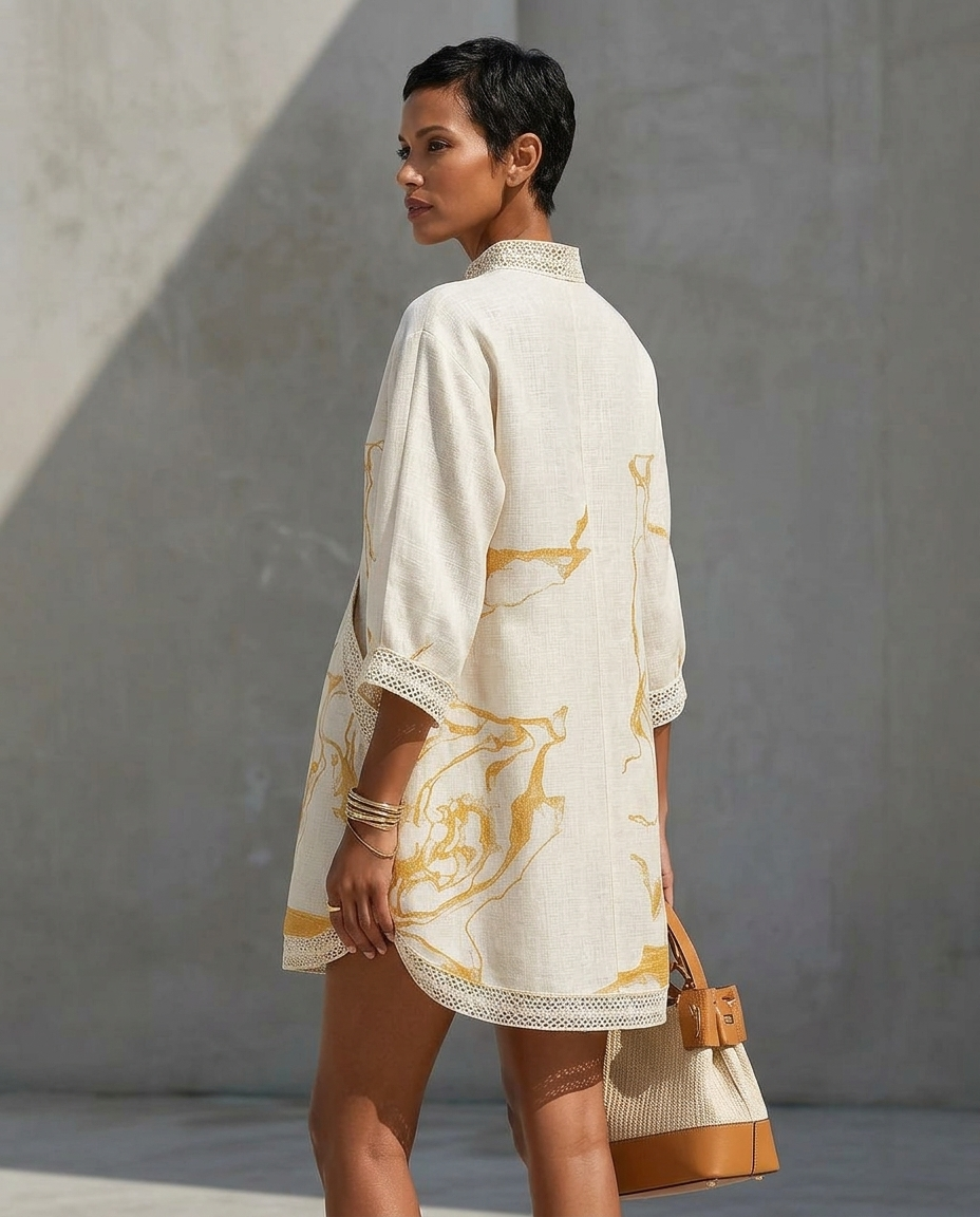 Elegant sleeved V-neck mini dress for women, featuring delicate trim, perfect for summer parties.