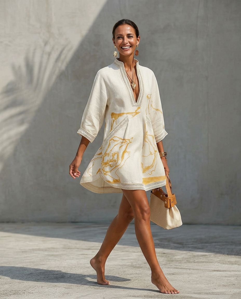 Casual yet elegant V-neck mini dress for women, comfortable and perfect for day-to-night transitions.