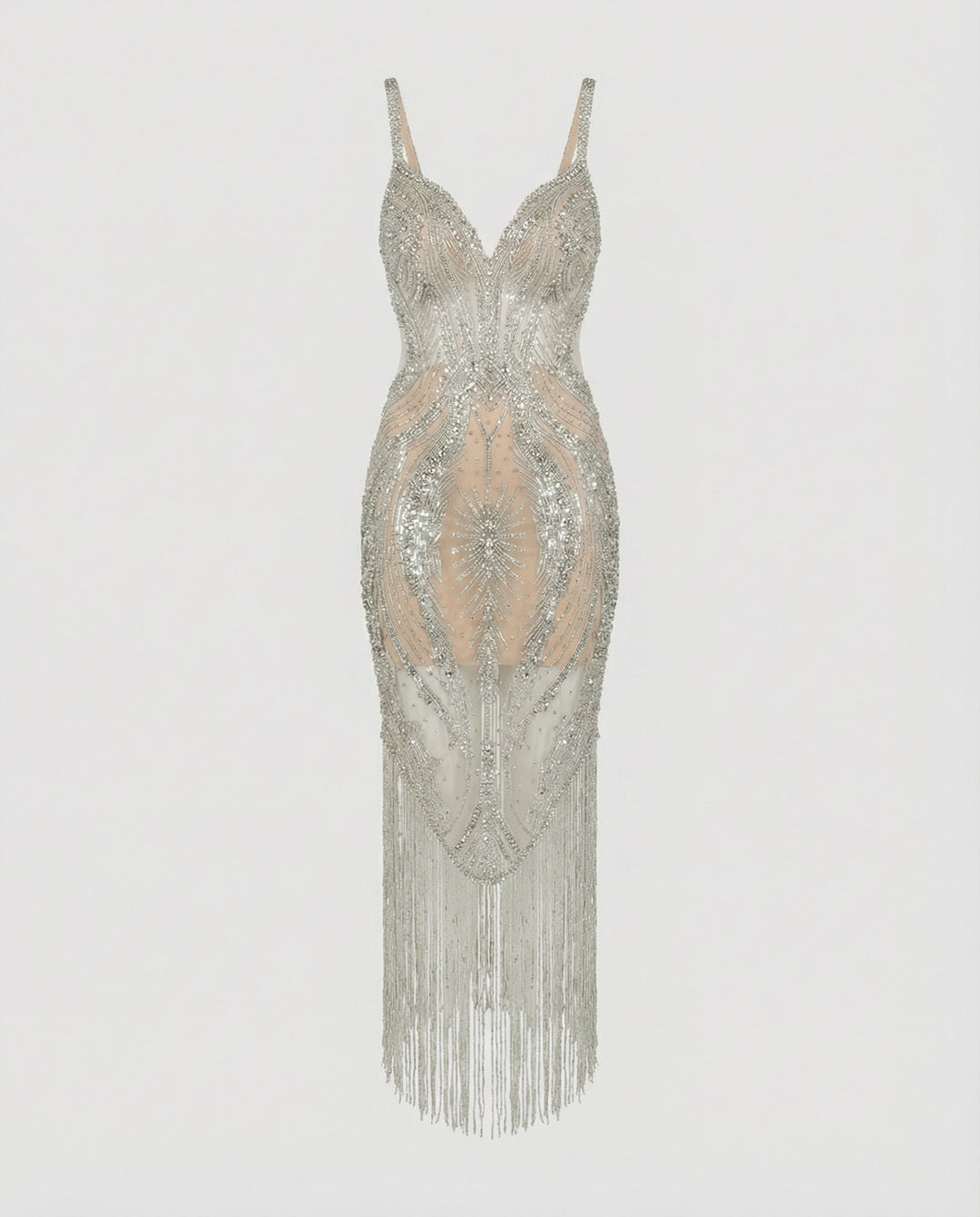 Chic silver sequin sleeveless midi dress with V-neck, an elegant choice for women's special occasion fashion.