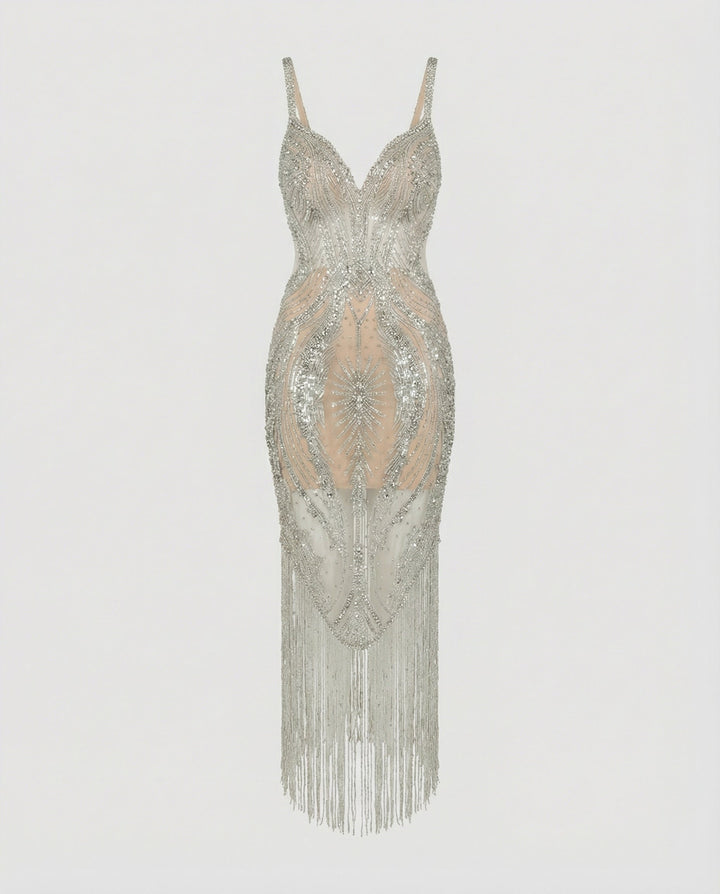 Chic silver sequin sleeveless midi dress with V-neck, an elegant choice for women's special occasion fashion.