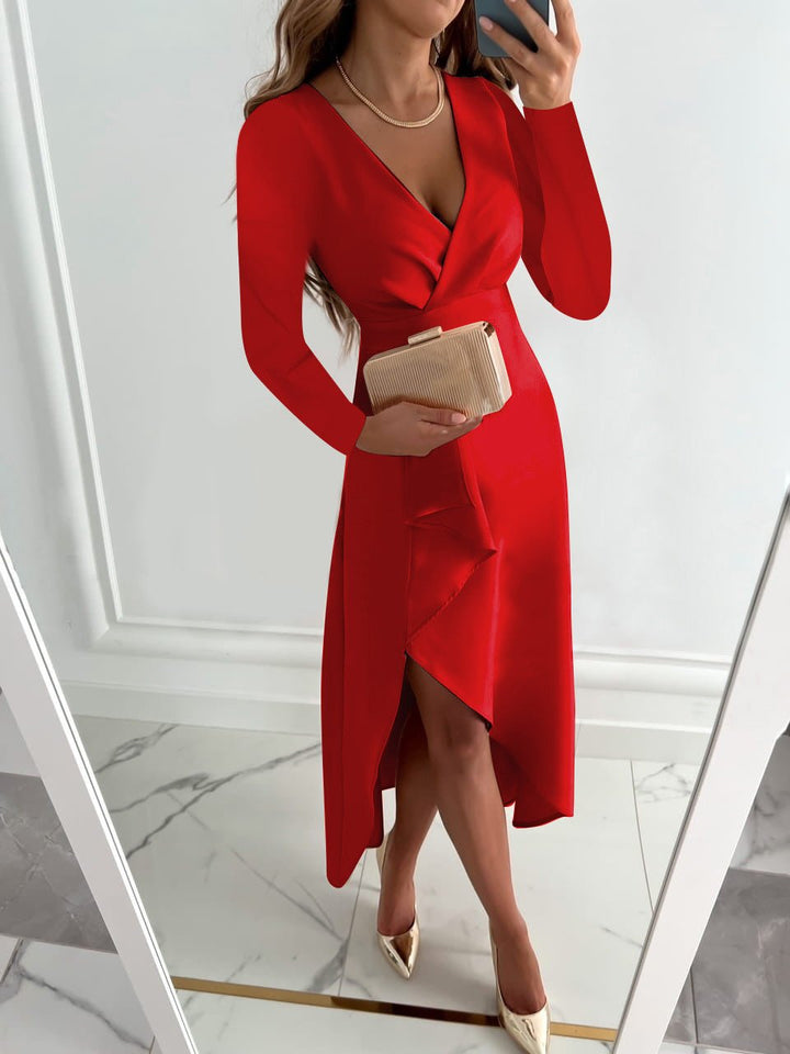 Beige versatile V neck sheath midi dress for women, with an elegant slit, ideal for various occasions.