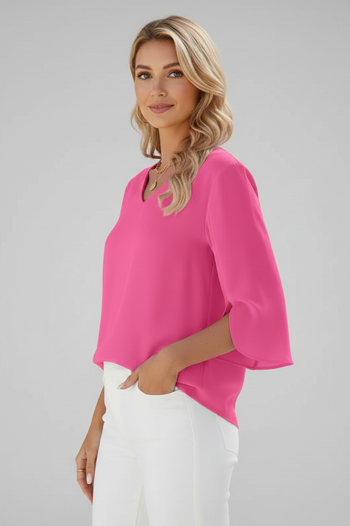 Elegant women's V-neck short sleeve blouse, a loose fit pullover top for comfortable wear.