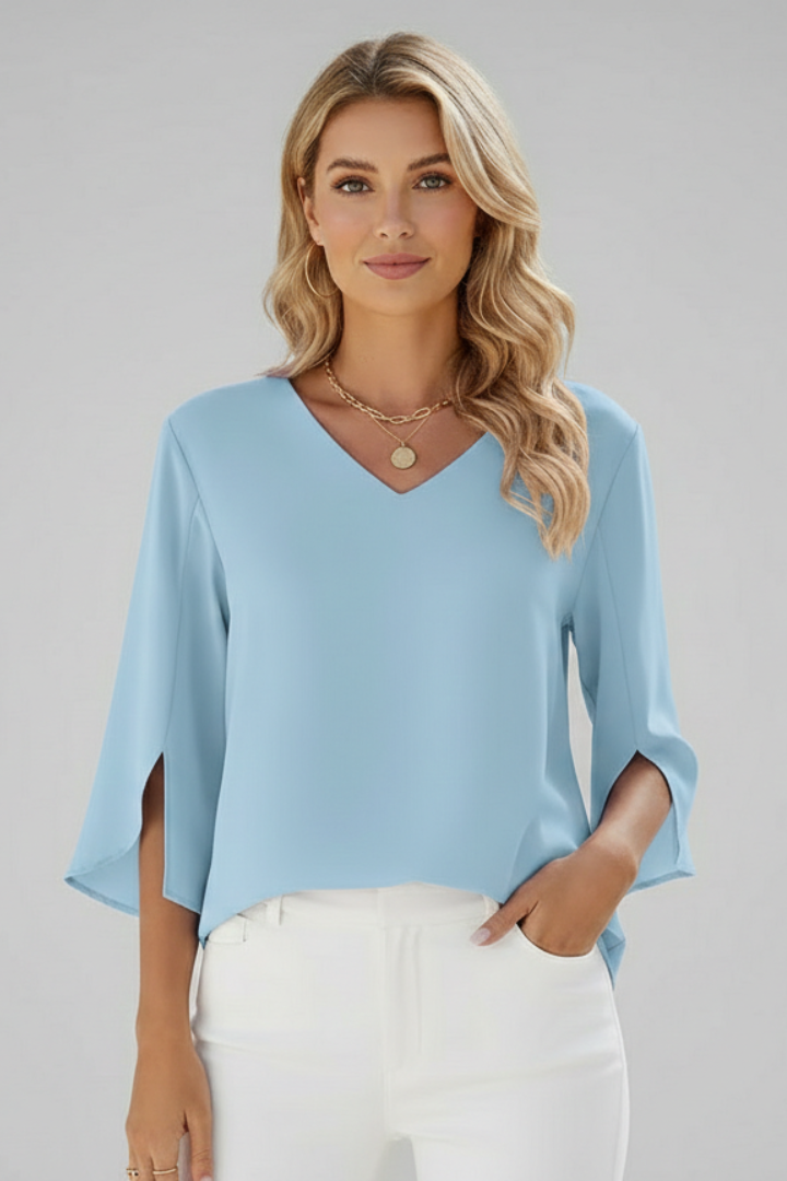 Women's casual elegant V-neck short sleeve top, featuring a flattering loose fit silhouette.