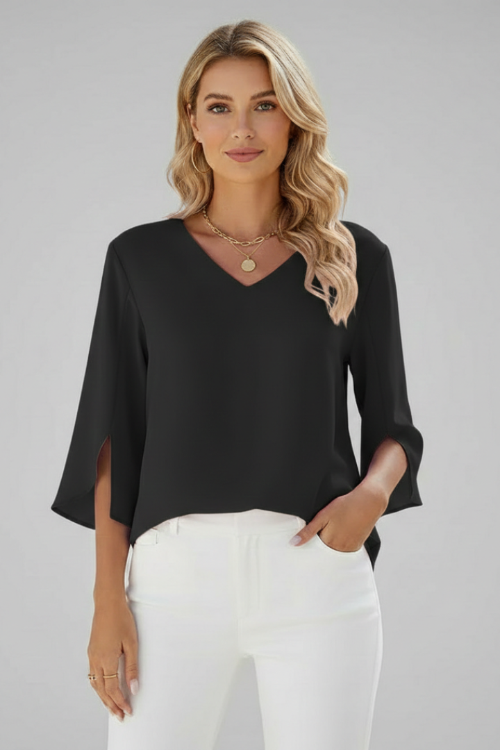 Soft women's V-neck short sleeve blouse, an elegant and comfortable top for everyday style.