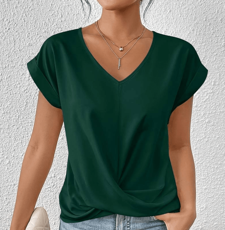 Women's elegant V-neck twist front short sleeve top, flattering for summer everyday wear.