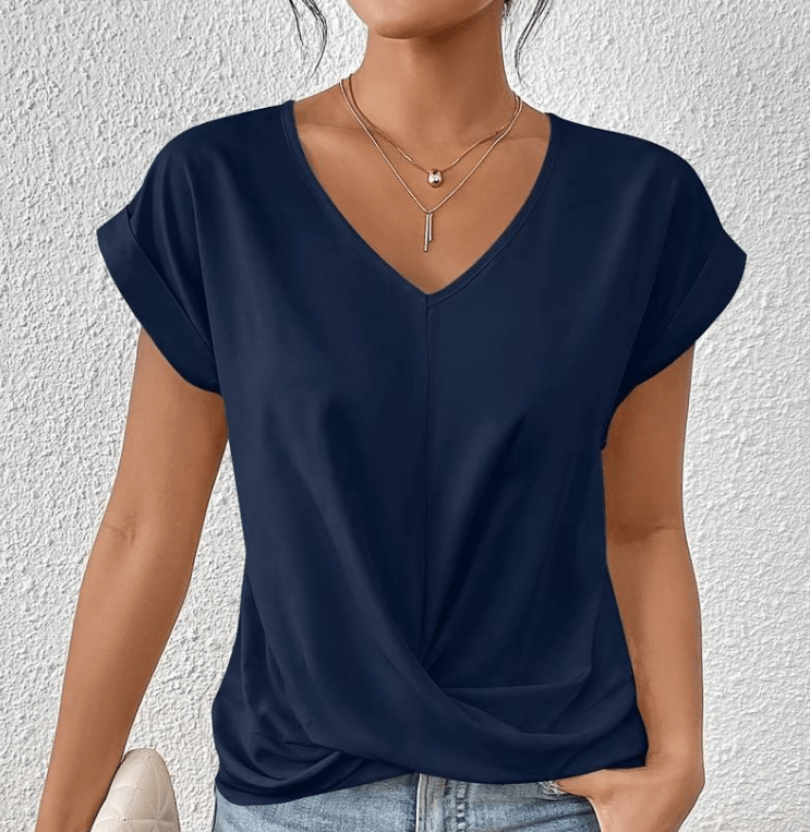 Comfortable women's twist front V-neck blouse, a versatile short sleeve top for casual or elegant occasions.