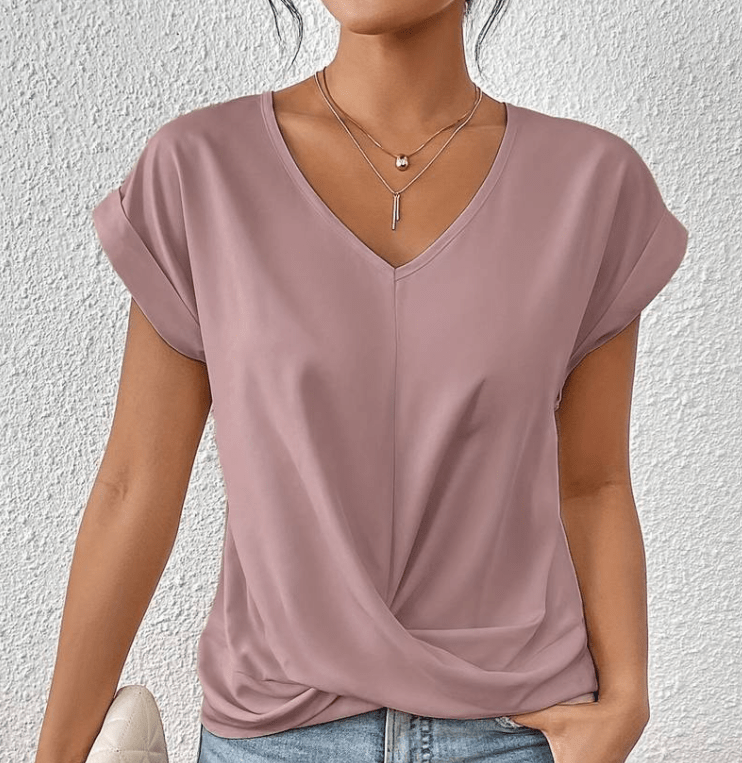 Casual yet elegant women's V-neck top, featuring a flattering twist front & short sleeves for versatile wear.